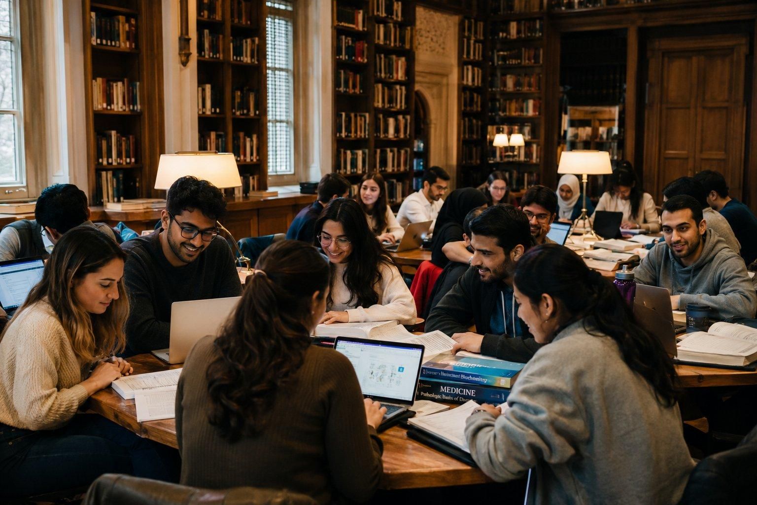 International medical students studying together in a world-class university library